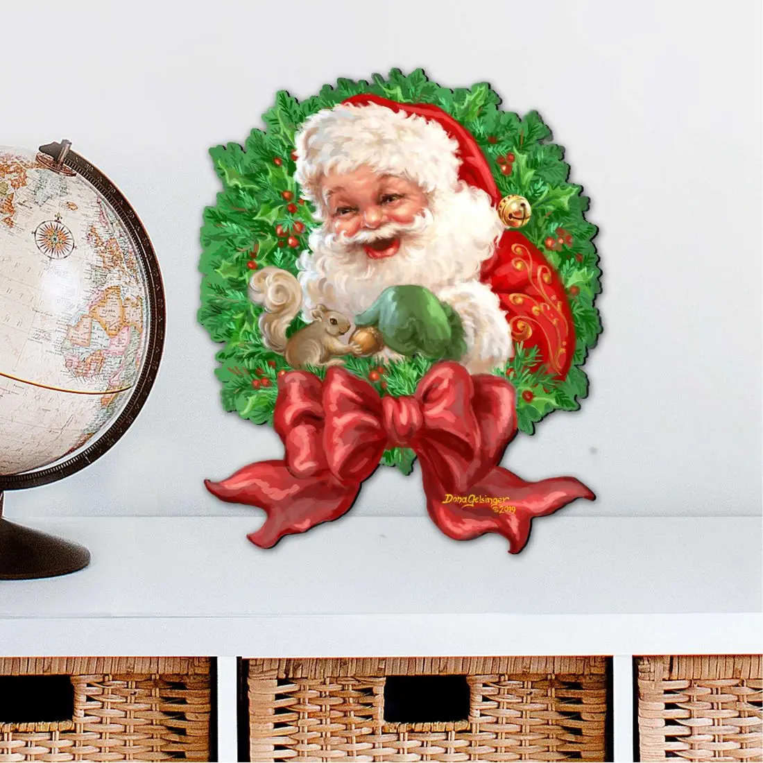 Designocracy 8461014M-1309 Large 12x9 in. Handmade Plywood Santa Claus Bow Wreath, UV-Resistant, Wall-Mount, Door-Mount, Indoor/Outdoor Family Festive Home Decor Ornament