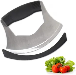 Stainless Steel Mezzaluna Salad Chopper with Plastic Blade, Protective Cover, Anti-Slip Handle - Vegetable Cutter, Onion Chopper