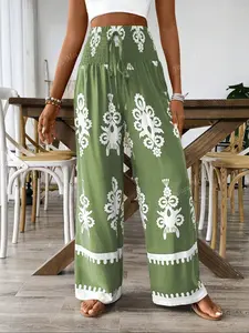 Elegant High-Waisted Print Wide-Leg Pants, Boho Style Tribal Pattern, Loose-Fitting Long Pants for Fall Fashion