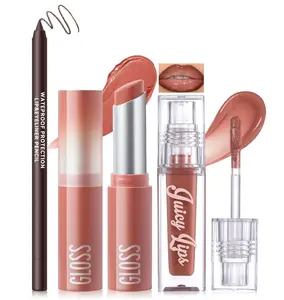 Noerrors 3Pcs Lip Combo Set, Lip Kit with Brown Plumping Lip Liner & Nourishing Lipstick & Nude Glossy Lip Gloss, Long-Lasting, Lightweight, Non-Sticky, Juicy Nude Pink Lip Contour Trio Set for Women
