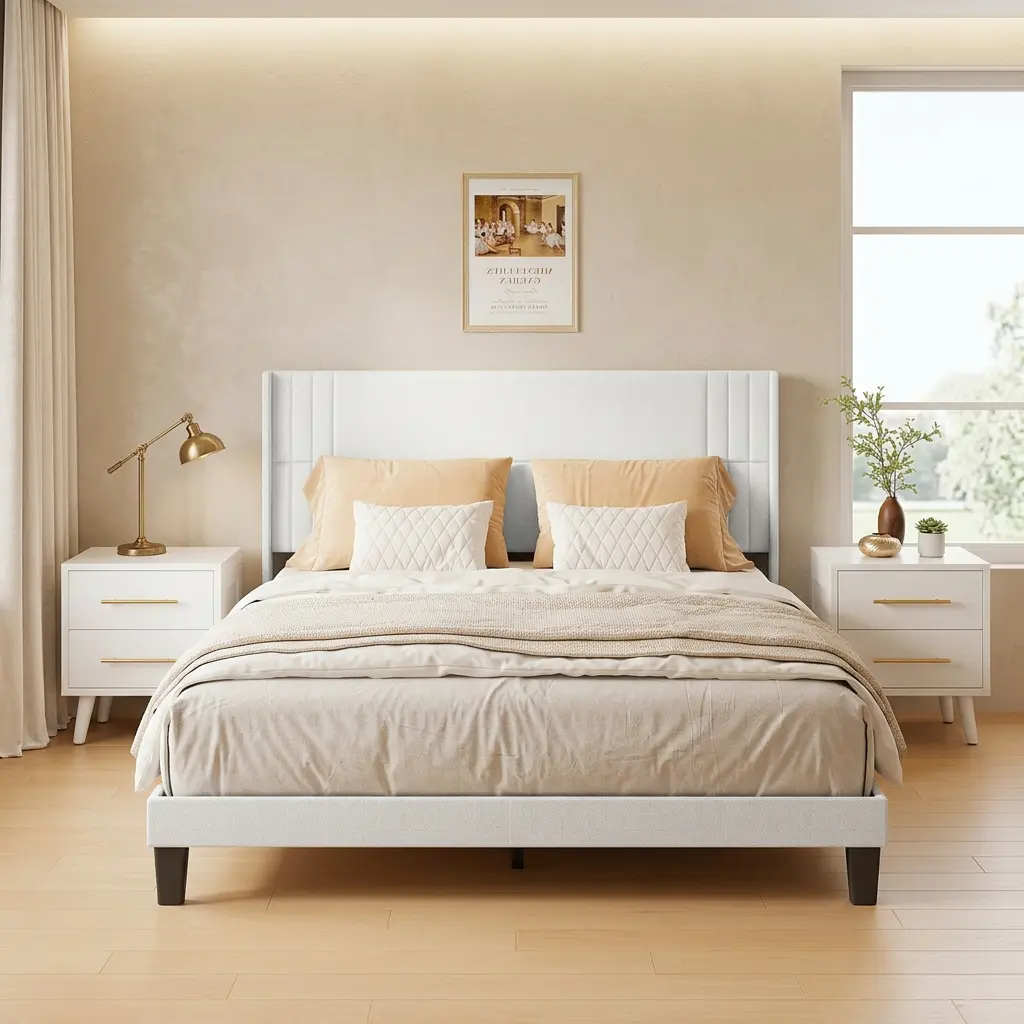 GIZOON 3-Piece White Indoor Bedroom Set – Queen Bed Frame + 2 Nightstands