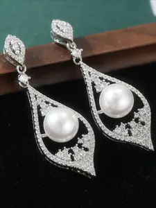Unique Creativity One Elegant Imitation Pearls Teardrop Long Earrings For Women High Quality Earrings Luxury Shiny Synthetic CZ Drop Dangle Earring Bridal Wedding Party Jewelry The Perfect Gift For Ladies and Girls Dangling Earrings