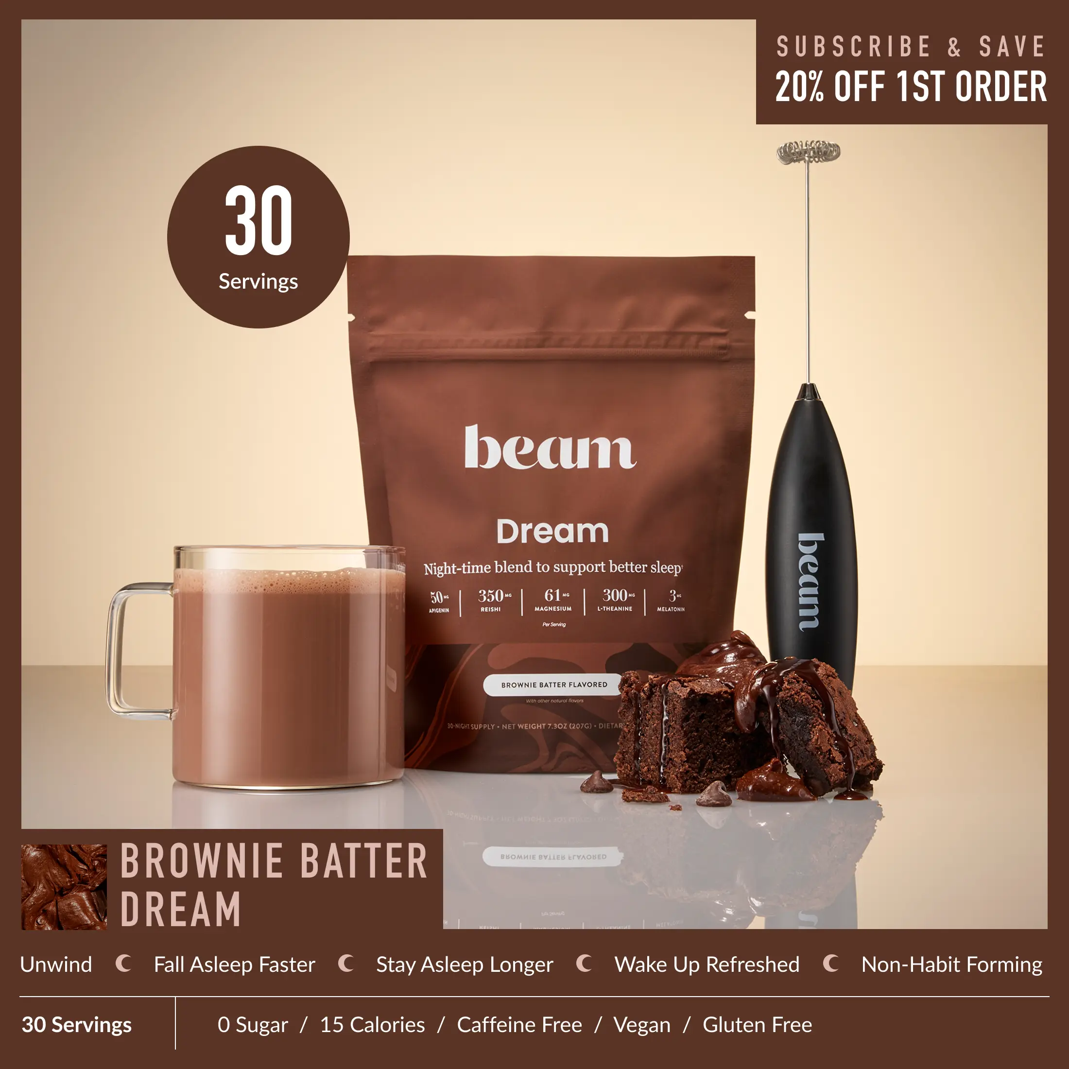 Beam Dream Viral Organic Nighttime Hot Cocoa Beverage - Melatonin Sleep Aid, L-Theanine & Magnesium, Natural Blends, Functional Mushrooms, 20-30 Servings/Bag, 5 Flavors, Sugar-Free, Dairy & Gluten-Free, Low-Calorie Self-Care Wellness Supplement