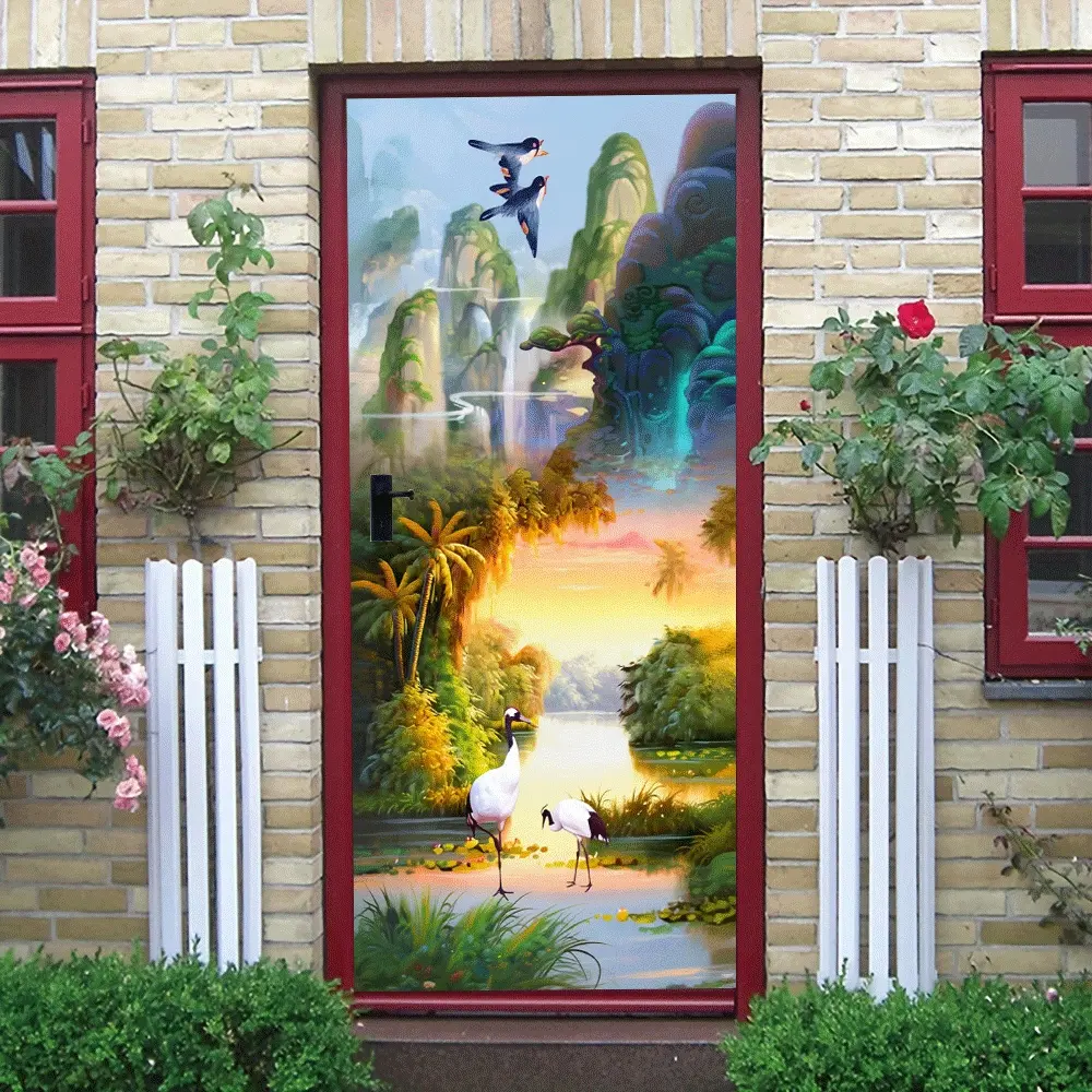 2pcs Chinese Style Landscape Crane Door Sticker Living Room BedroomDecorative Wall Sticker Self Adhesive Removable Wallpaper Sticker Spring Festival New Year Decoration Supplies Landscape Wall Sticker Cra