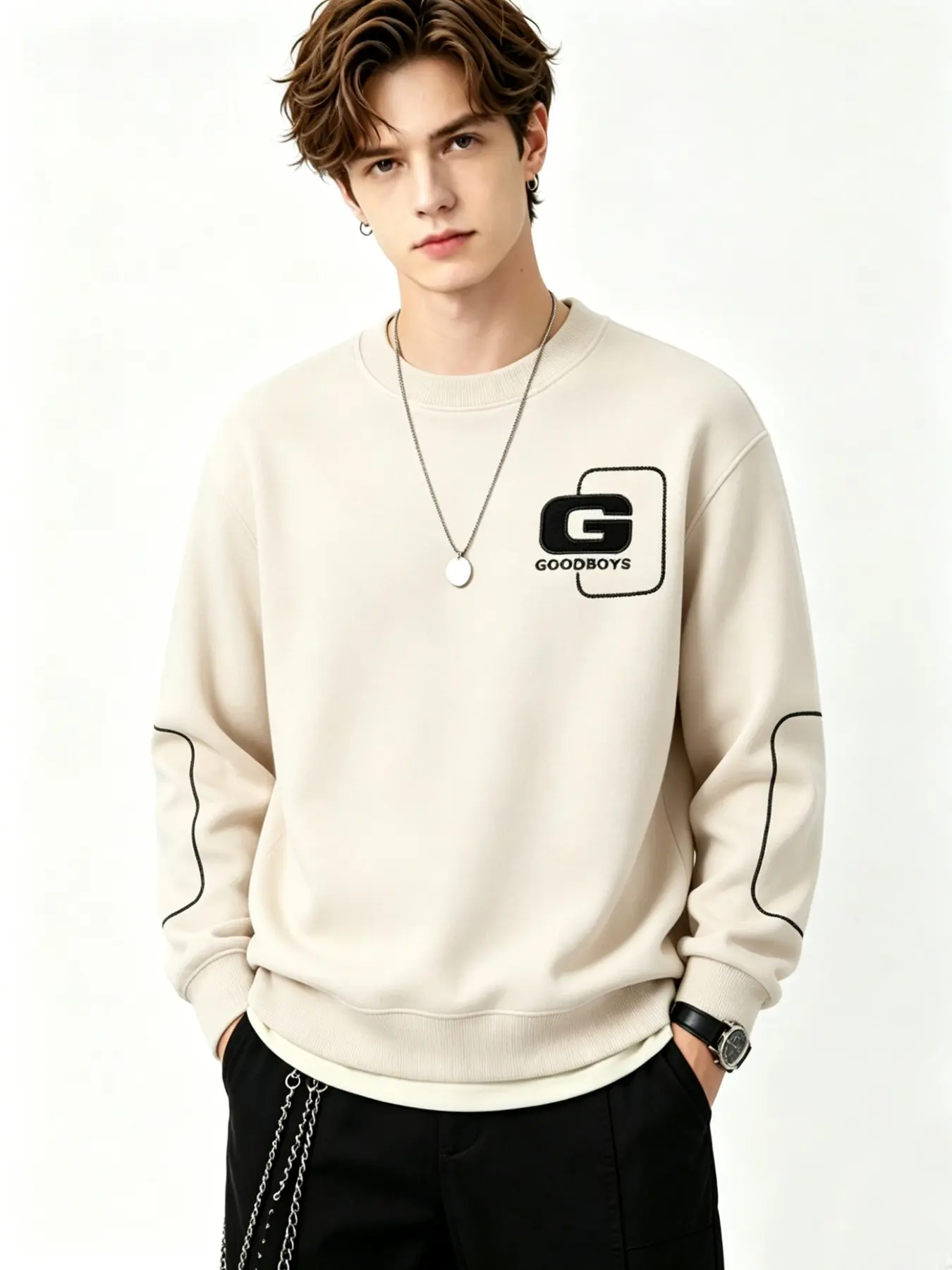 Men's Minimalist Knit Sweater, Long Sleeve Slim-Fitting, Casual Spring & Fall Top, Trendy G Logo Design, Warm Pullover for Men