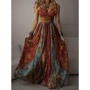 New Summer Bohemian Printed V-Neck Thin Strap Vacation Style Women'S Dress LN1640