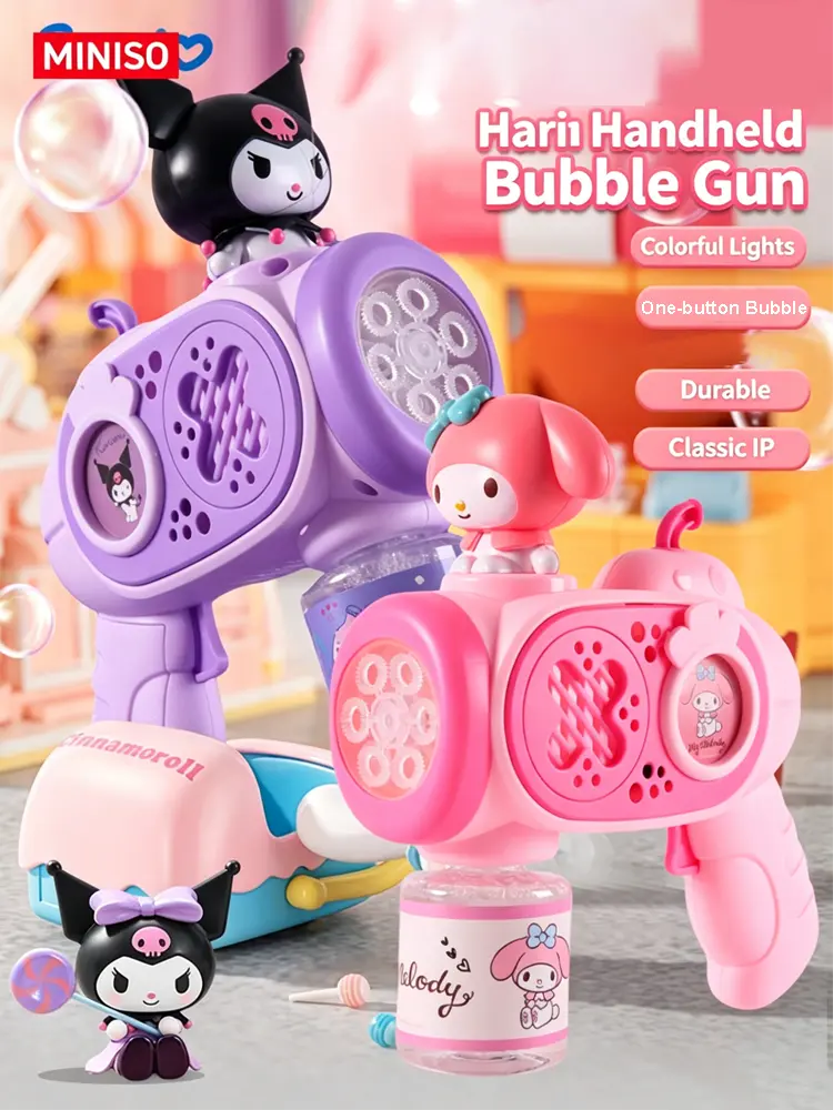 MINISO SR Series Handheld Bubble Maker - Lovely Kuromi, My Melody, Cinnamoroll Toy, Simple Operation, Massive Bubbles, Safe Plastic, Great for Summer Outdoor Games, Ideal Gift for Kids, Automatic Bubble Machine