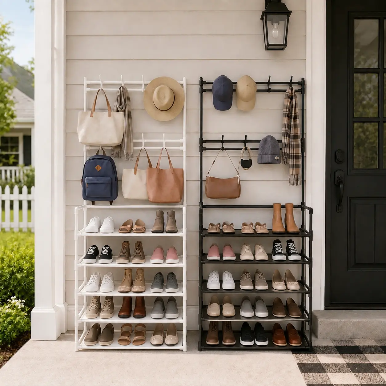 Multi-Tier Entryway Shoe Rack with Coat Hooks, Home Organizer Standing Shelf Unit for Hallway, Apartment Dorm Storage Solution