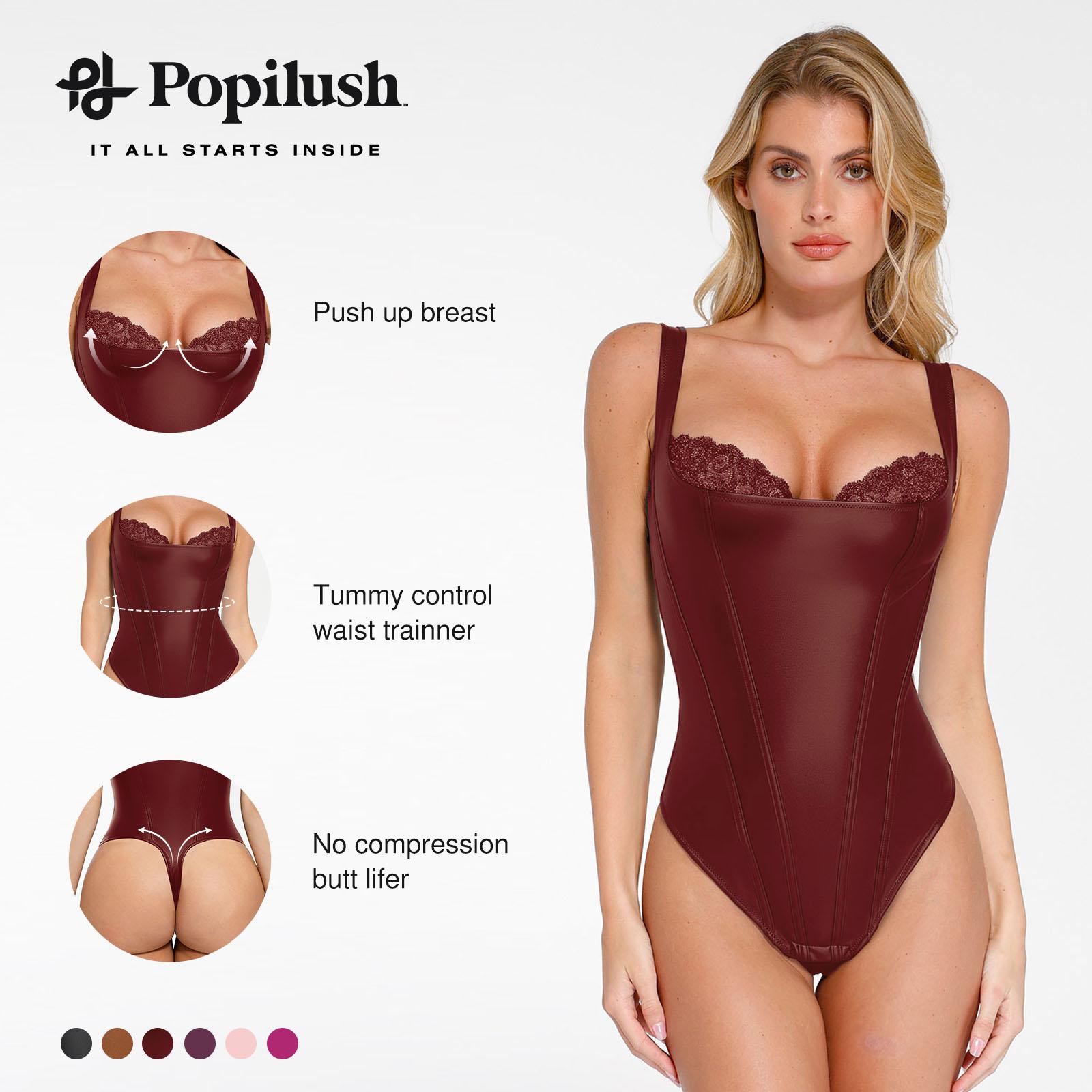 Popilush Basic Faux Leather Corset Top Supportive Shapewear Bodysuit Lingerie Lace Trim Tummy Control Bustier Sleeveles