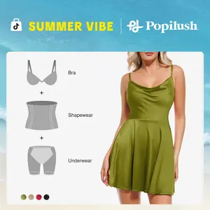 Popilush Built-in Shapewear Mini Slimming Cocktail Dress – Women's Sleeveless Sexy Satin Square Neck Tummy Control with Bra