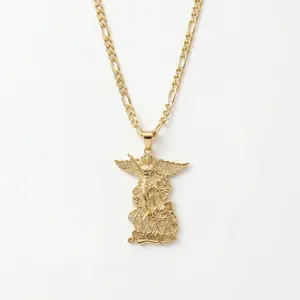 San Miguel Arcangel Pendant 2.5 Inches With Figaro 4,5MM in 22Inches 14K Gold Plated Two Option