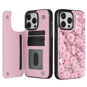 Stylish Card Holder Phone Case: Compatible with iPhone 17, 16, 15, 14, 13, 12 Pro, Max Plus, and Air. Made of faux leather and decorated with a pearl and rose pattern. A perfect gift for friends and family during the holidays.