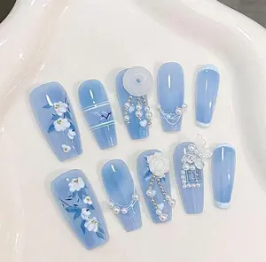 Blue Floral Press On Nails, Medium Coffin Shape, 3D Pearl Flower Wedding Nails