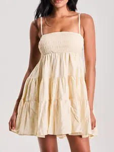 klassy Tiered Mini Brami Dress - Sleeveless Boho Summer Dress with Square Neckline & Adjustable Straps - Casual Crinkle Fabric