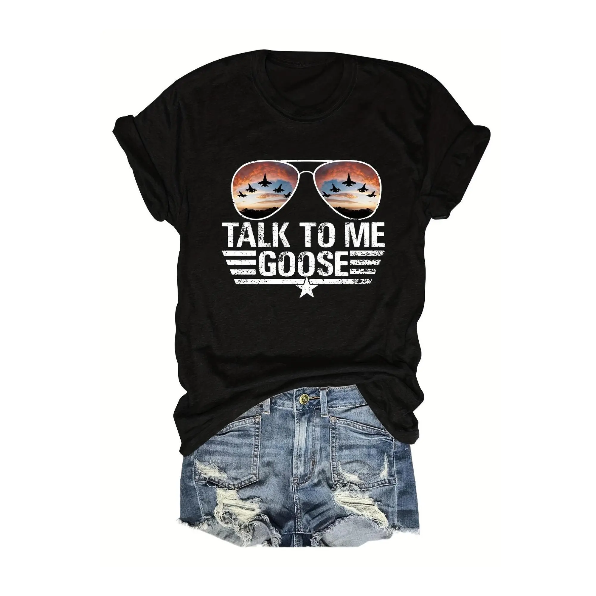 Women's Black "Talk to Me Goose" Aviation Graphic Pure Cotton Fitted Cut Crew Neck Short Sleeve T-Shirt, Streetwear Top with Smooth Texture, Ideal for Summer Weekend Casual Chic Outfits
