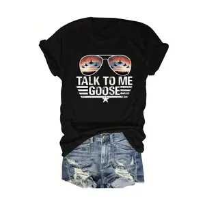 Women's Black "Talk to Me Goose" Aviation-Themed Cotton Fitted Short Sleeve Crew Neck Graphic T-Shirt, Streetwear Top with Smooth Texture, Ideal for Summer, Weekend Casual Chic Outfits, Shortsleeve, Tshirt