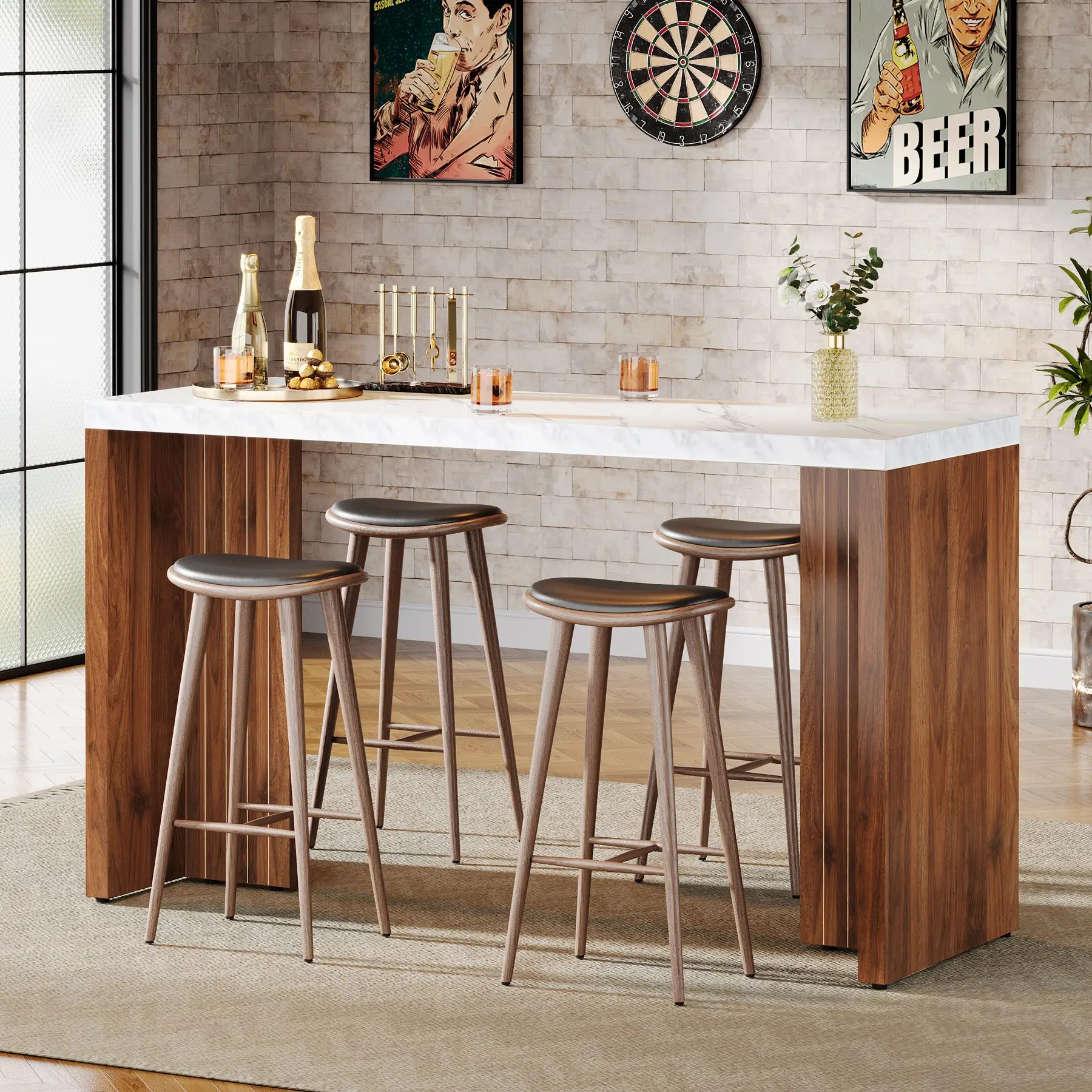 LITTLE TREE  Home Bar Unit, 55.12-Inch Bar Table with a Faux Marble Finished Tabletop, Modern Freestanding Mini Bar for Home Kitchen, Living Room, Balcony, Basement, Walnut & White