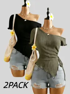 Fashion Asymmetrical Off-Shoulder Top, Women's Ribbed Knit Ruffle Hem Side Tie Short T-Shirt Set, Casual Slim-Fitting Two-Piece Ruffled Feminine