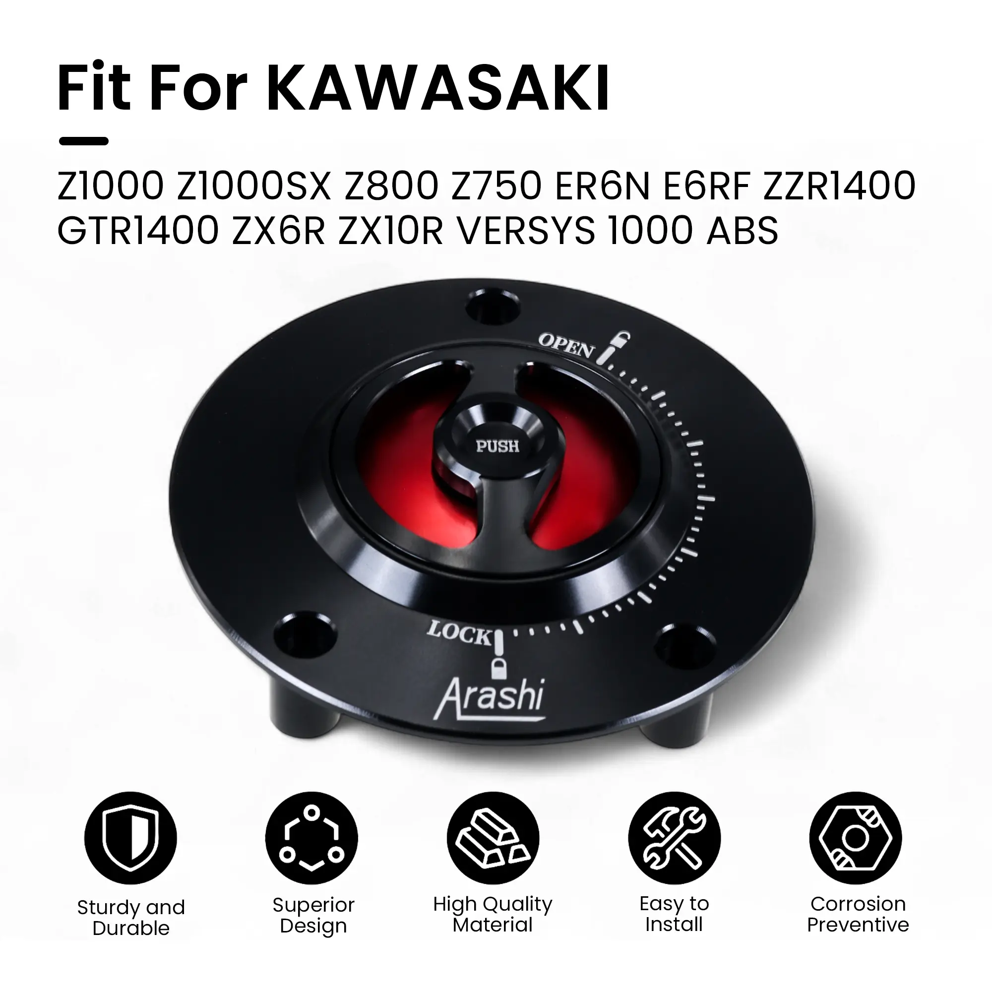 Aluminum Alloy Motorcycle Fuel Tank Cap - Leak Proofing, IP68 Rated Aftermarket Item Fit for Kawasaki Z1000, Z1000SX, Z800, Z750, ER6N, ER6F, ZZR1400, GTR1400, ZX6R, ZX10R, VERSYS 1000 ABS, Kawasaki Models