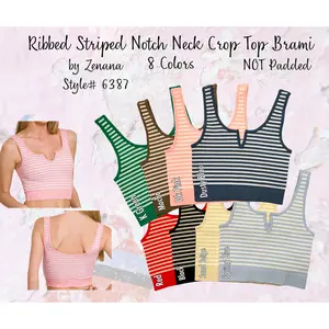 Ribbed Striped Notch Neckline Crop Top Bralette Brami Tank by Zenana 6387 Soft Comfy Stretchy Seamless Womenswear