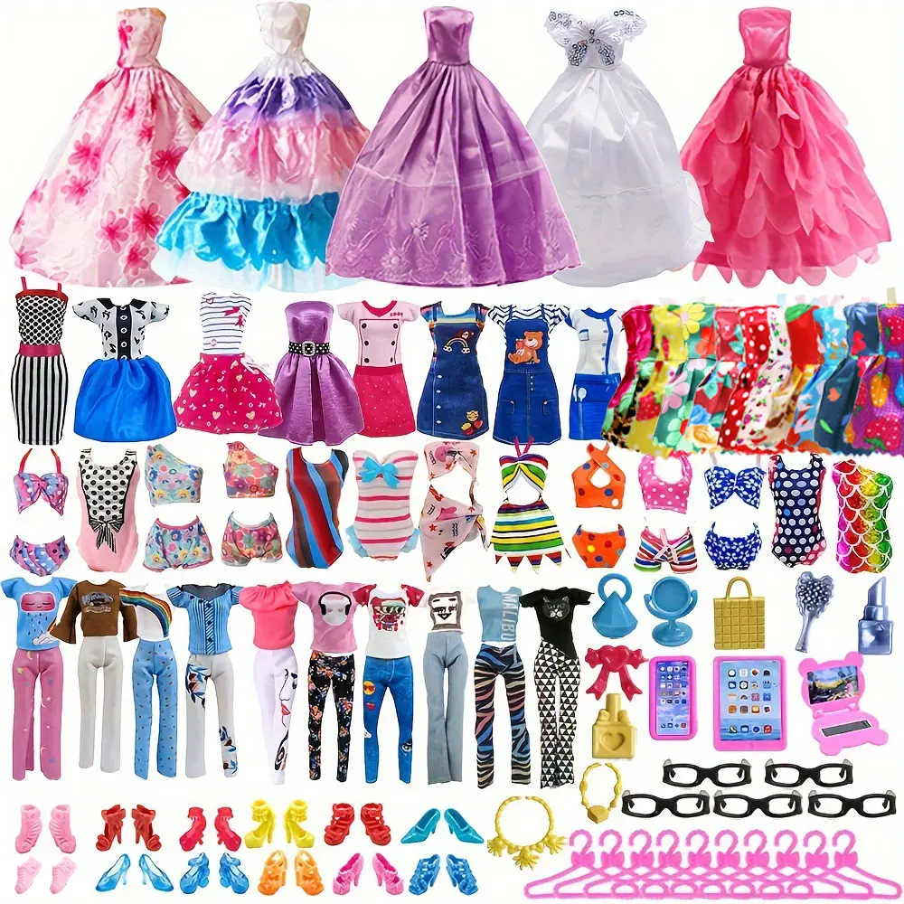 11.5-Inch Unisex Doll Costume Variety Pack (53 Pieces) - 5 Outfits, 3 Dresses, 3 Bikinis, 5 Glasses, 10 Shoes, 10 Hangers, Cosmetics for Role-Playing Birthday Gifting campingessentials