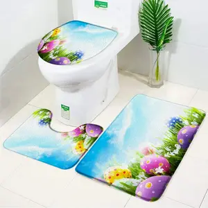 Coloured Eggs Bath Mat Set Grassland Blue sky Easter Day Bathroom Decoraction Anti Slip Bathroom Rugs