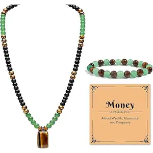 BloomWish S Money Necklace Bracelet Jewelry Set for Women Men Money Attraction Green Beaded Tiger Eye Feng Shui Good Luck Wealth Jade Healing Crystal Stone Long Sweater Chain Anniversary Vacation Jewelry Gifts