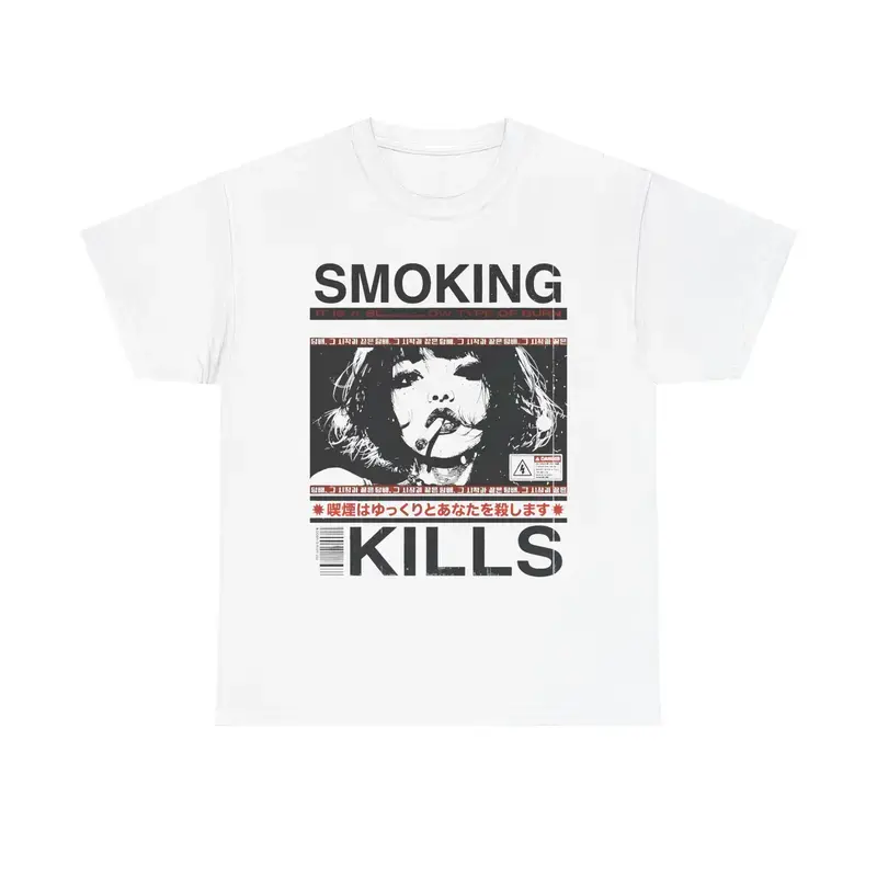 Graphic T-Shirt, Smoking Kills Retro Manga Style, Unisex Shortsleeve Relaxed Fit Japanese Streetwear Top in Natural Cotton, Cargo, Ripped, Casual, Apparel