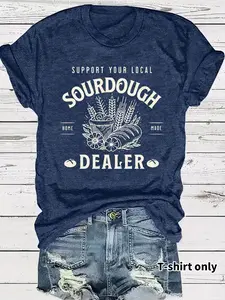 Women's Sourdough Dealer Print Round Neck Tee, Casual Short Sleeve Crew Neck T-shirt for Spring, Fashion Women's Top for Daily Wear, Summer