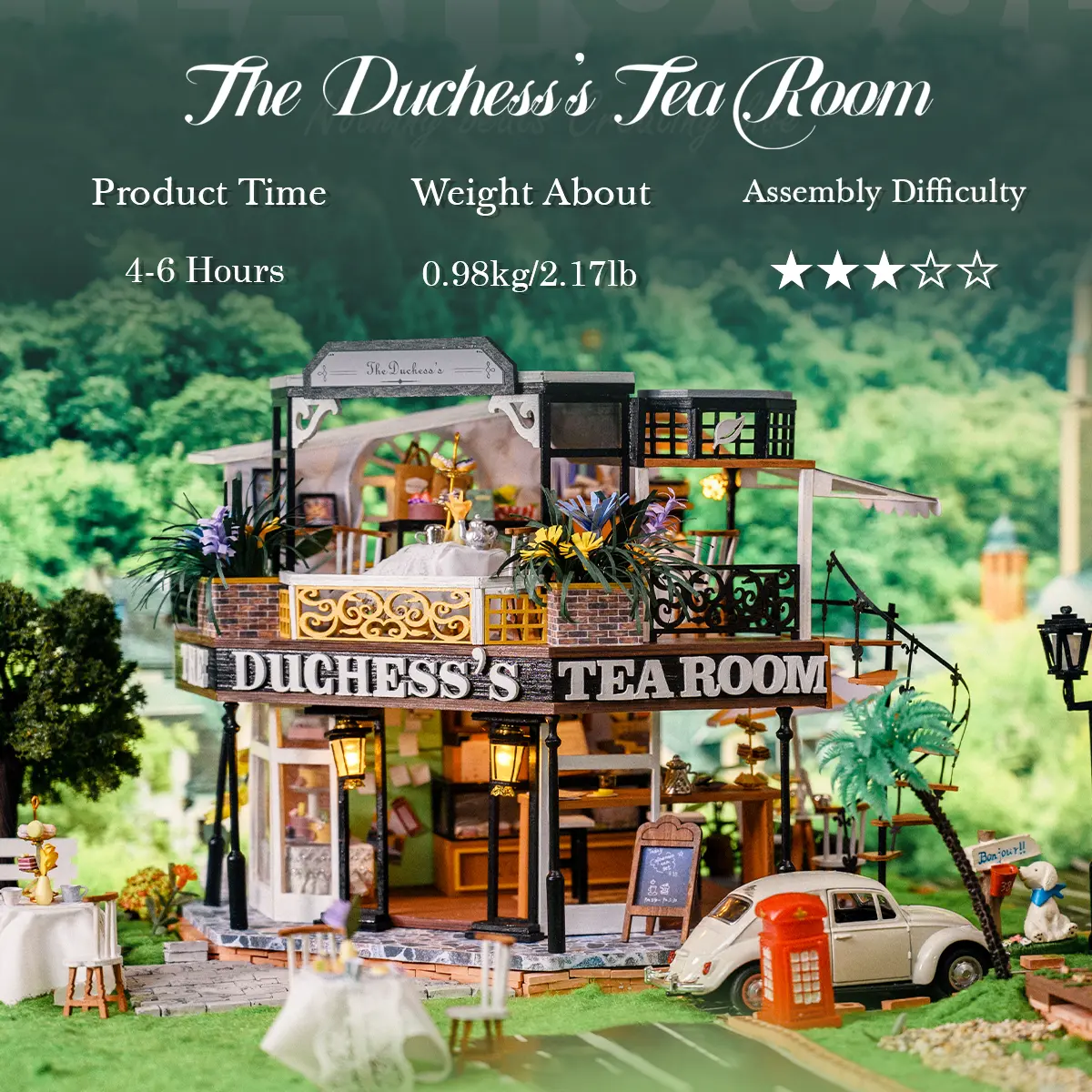 CUTEBEE DIY 3D Wooden Dollhouse Kit - The Duchess's Tea Room Illustrated Miniatures Doll House with Furniture, Dust-Proof Cover, Doll Set, Wooden House Kit Adults for Holiday, Christmas Gifts, Illustrated Miniatures Doll Houses