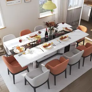71" Large Luxurious Rectangular White Dining Table for 6-10 People with Marble-Color Wood Tabletop, Adjustable Metal Legs, Modern Design