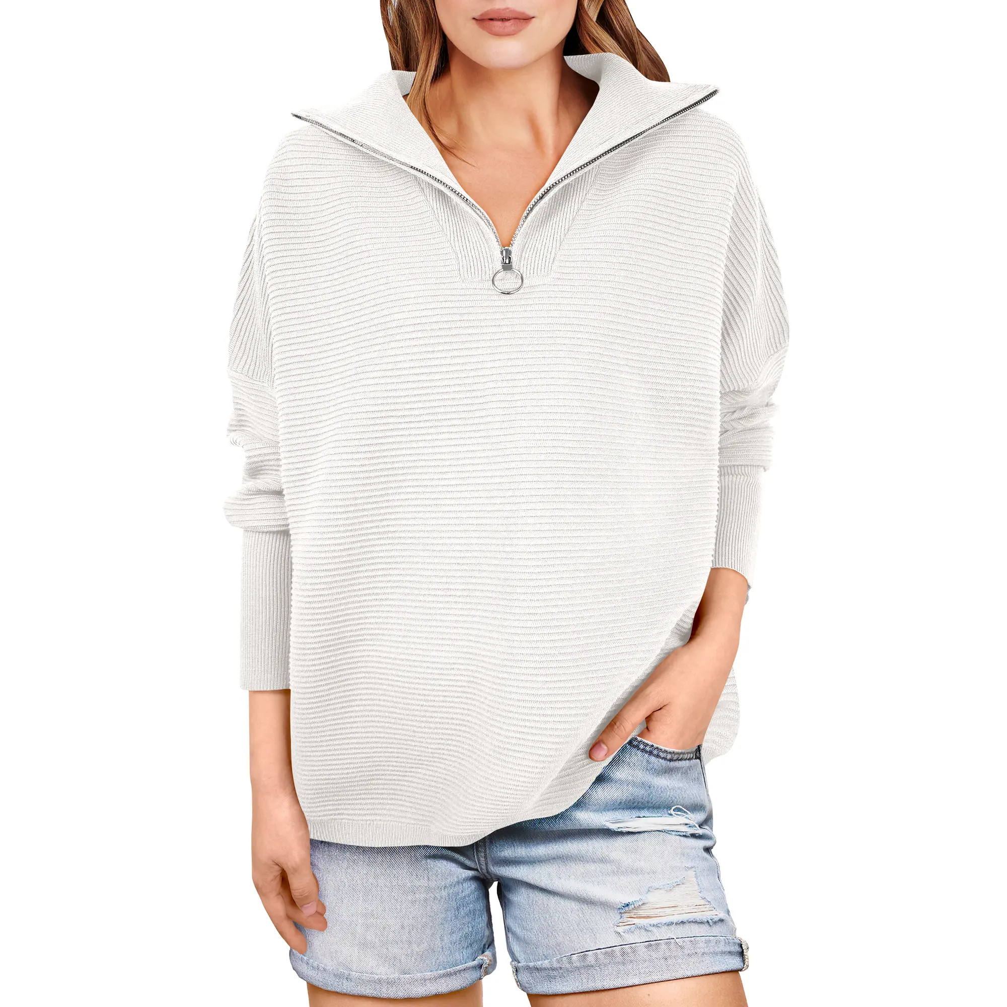 ANRABESS Women's Oversized Sweater Quarter Zip V Neck Collared Ribbed Knit Pullover Tunic 2026 Y2K Fall Tops Chic Long Sleeve