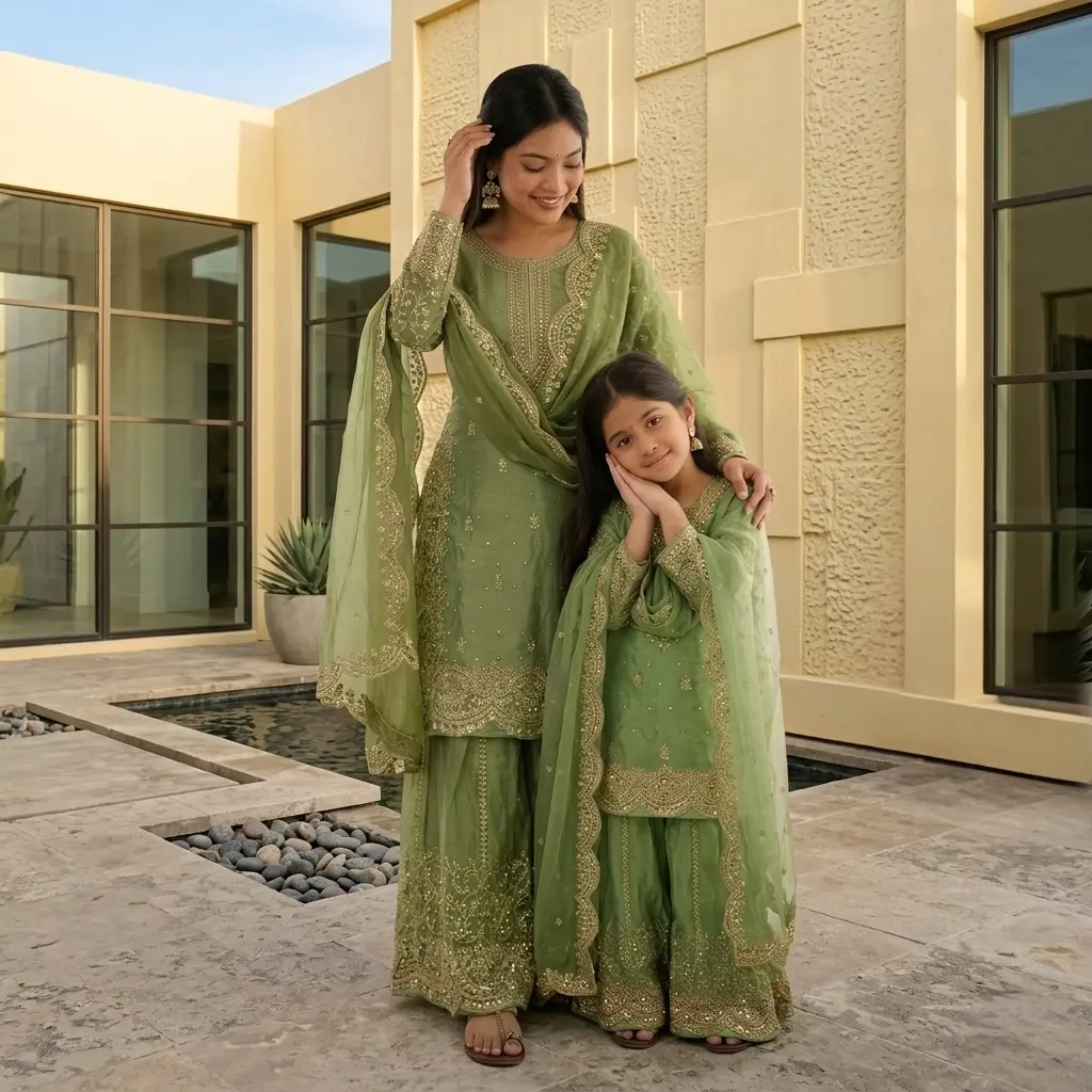 Heavy Embroidered Mother-Daughter Sharara Combo set Heavy Embroidered Mother-Daughter Sharara Combo set