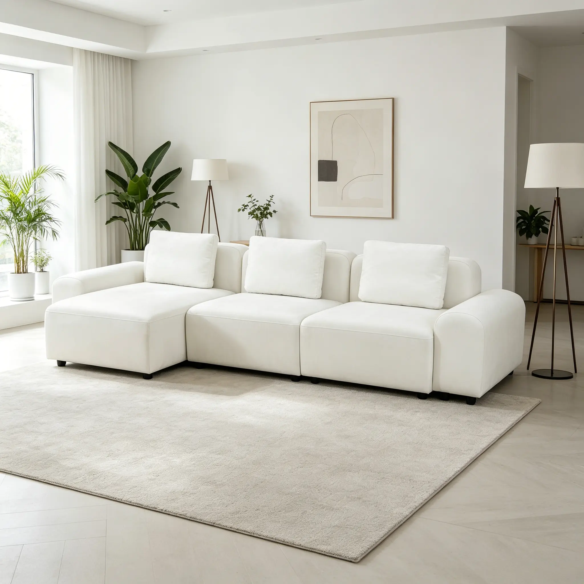 Indoor 4-Piece White Microfibre Sofa Set with Fixed Arms - Plush Ultra-Soft Stain-Resistant Easy-Clean Fabric, Durable Sturdy Frame for Busy Households, All-Season Use, Assembly Required