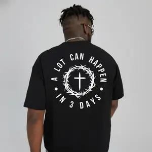 Christian Mens Streetwear Gift Tee 100% Cotton – A Lot Can Happen in 3 Days, Cross Crown Back Print, US Shipping, Gift for Men