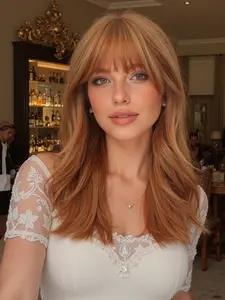 18 Inch Fashionable New Medium Long Curly Light Orange Wigs with Bangs and Highlights, Synthetic Hair Wig Women's Wigs Suitable for Ordinary Work, Life, Dance Parties and All Occasions