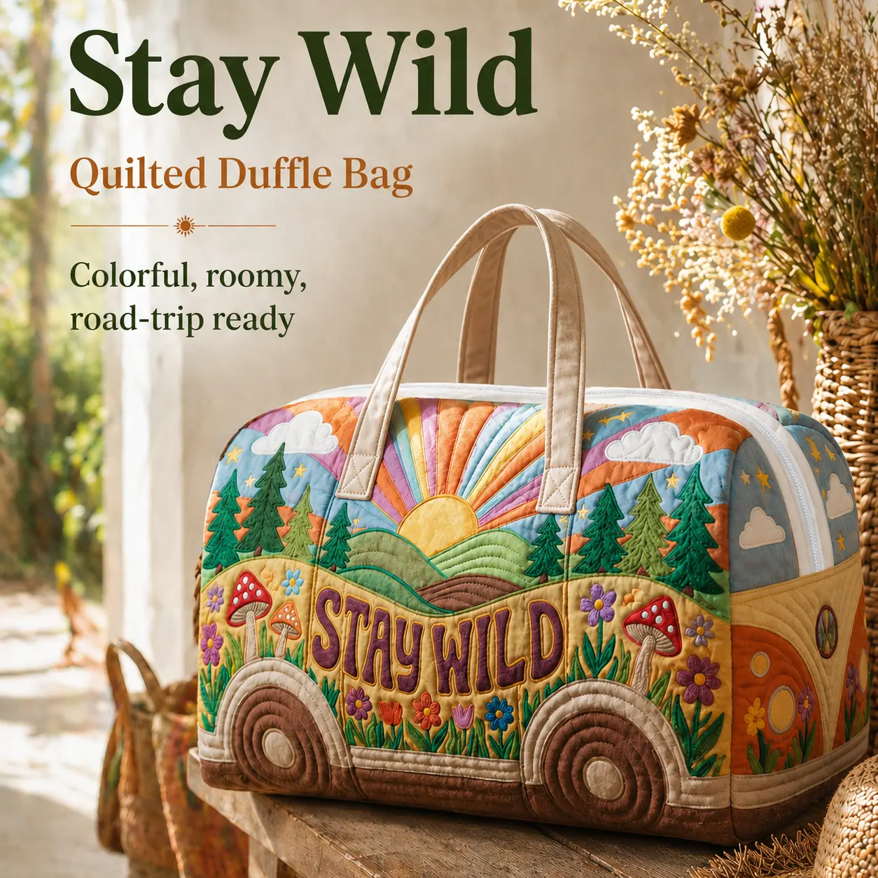 Stay Wild Quilted Weekender Bag, Boho Travel Duffle Bag with Spacious Interior, Soft Padded Overnight Tote for Weekend Trips, Road Trips, Camping and Everyday Getaways