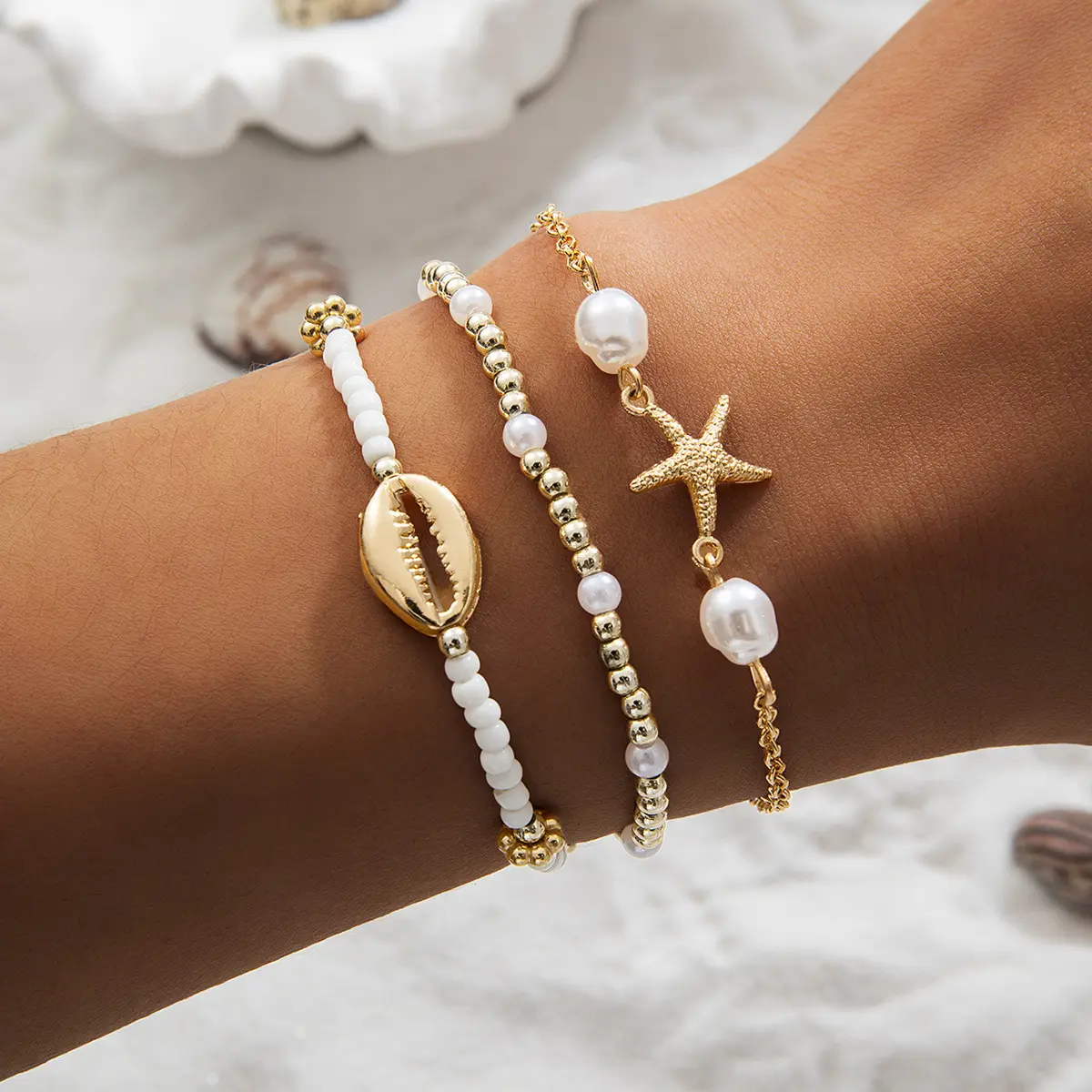 Ocean Style Shell Starfish Charm Bracelet Set for Women, Pearl Waterproof Wax Cord Woven Stretch Bracelets, 3PCS Beach Inspired Fashion Jewelry Accessories