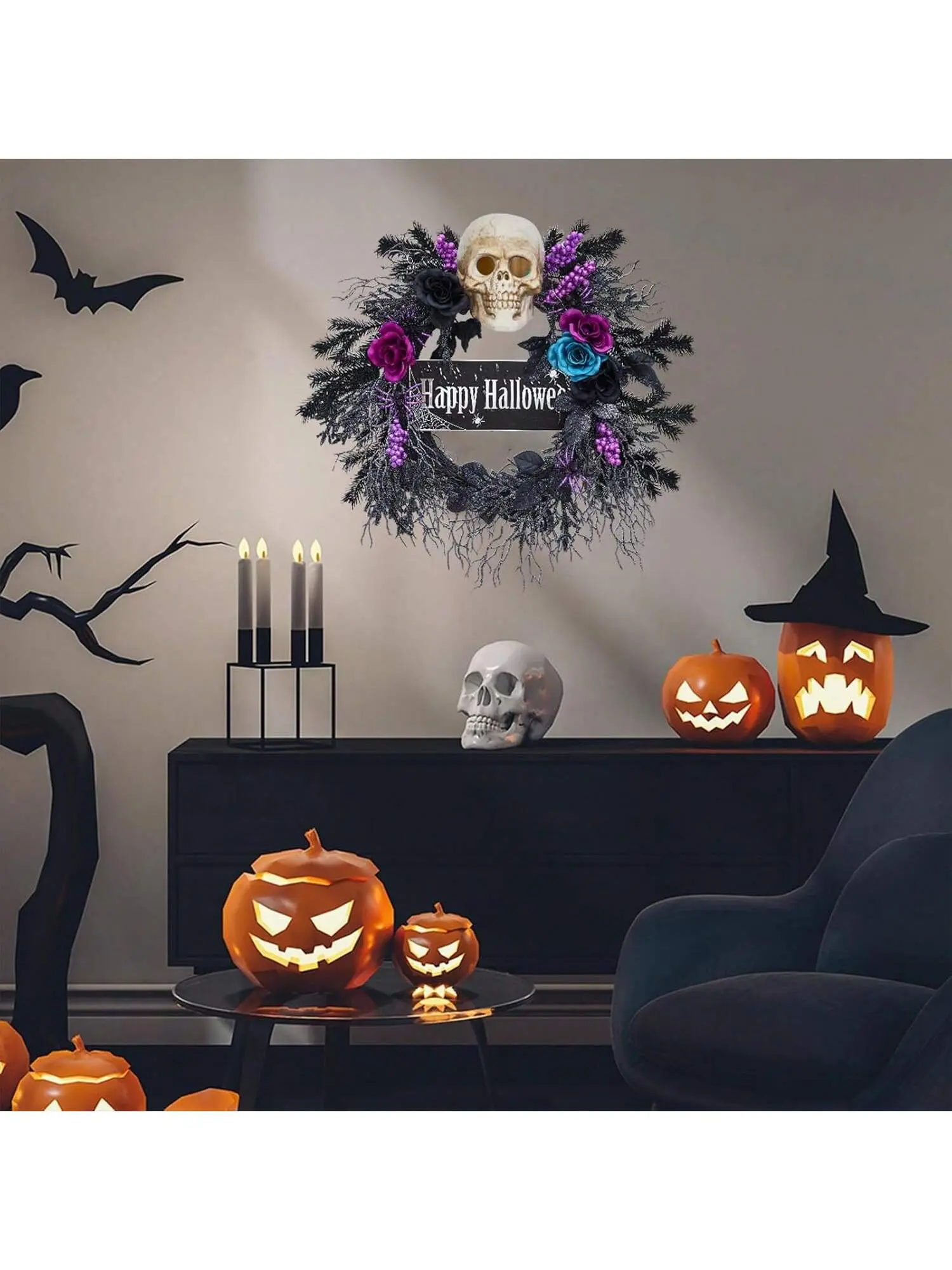 【Christmas Gift】22'' Halloween Wreath For Front Door, Halloween Skull Wreath With Lights, Spooky Halloween Wreaths With Black, Blue, Purple Flowers, Indoor/Covered Outdoor Halloween Props Decoration Garland Ornaments