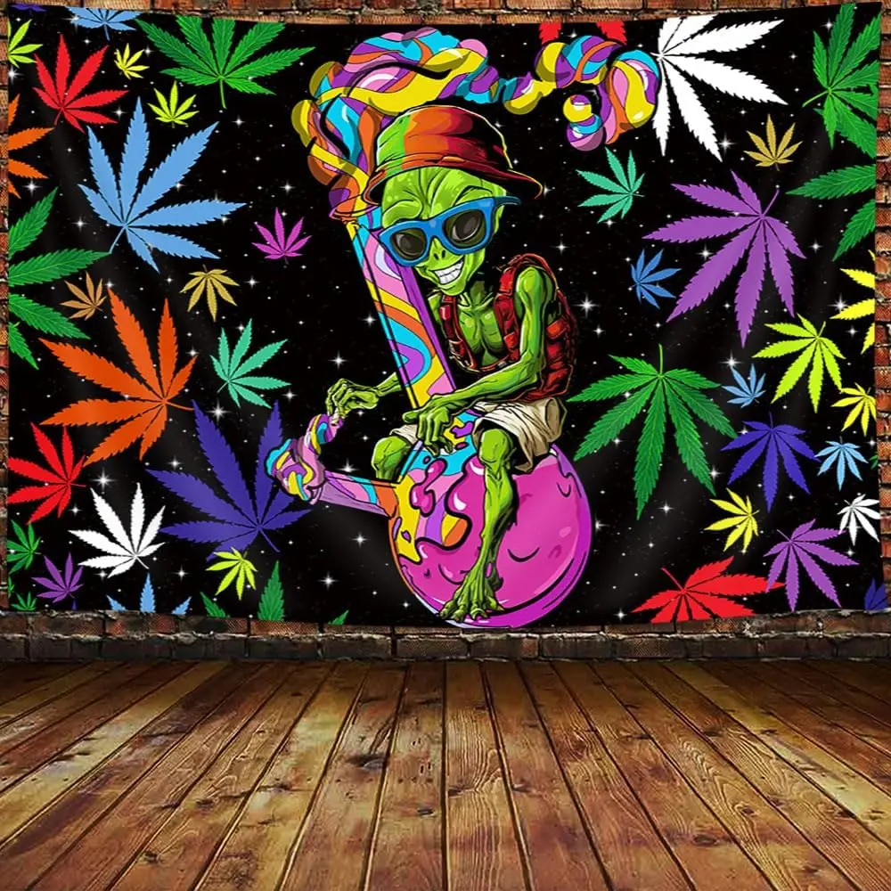 tapestry Viajar Trippy Weed Marijuana Tapestry Cool Alien Marijuana Leaf Tapestry for Bedroom, Psychedelic Tie Dye Stoner Tapestries for Men Weed Aesthetic Hippie Wall Art Poster for Dorm  Yellow