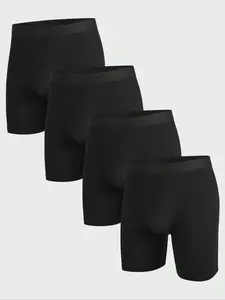 Men's Long Boxer Shorts Set, 4 Pcs Solid Color Underwear, Comfortable Cotton Material, Elastic Breathable Wear, Casual Style for Daily Wear, Breathable Boxer Briefs