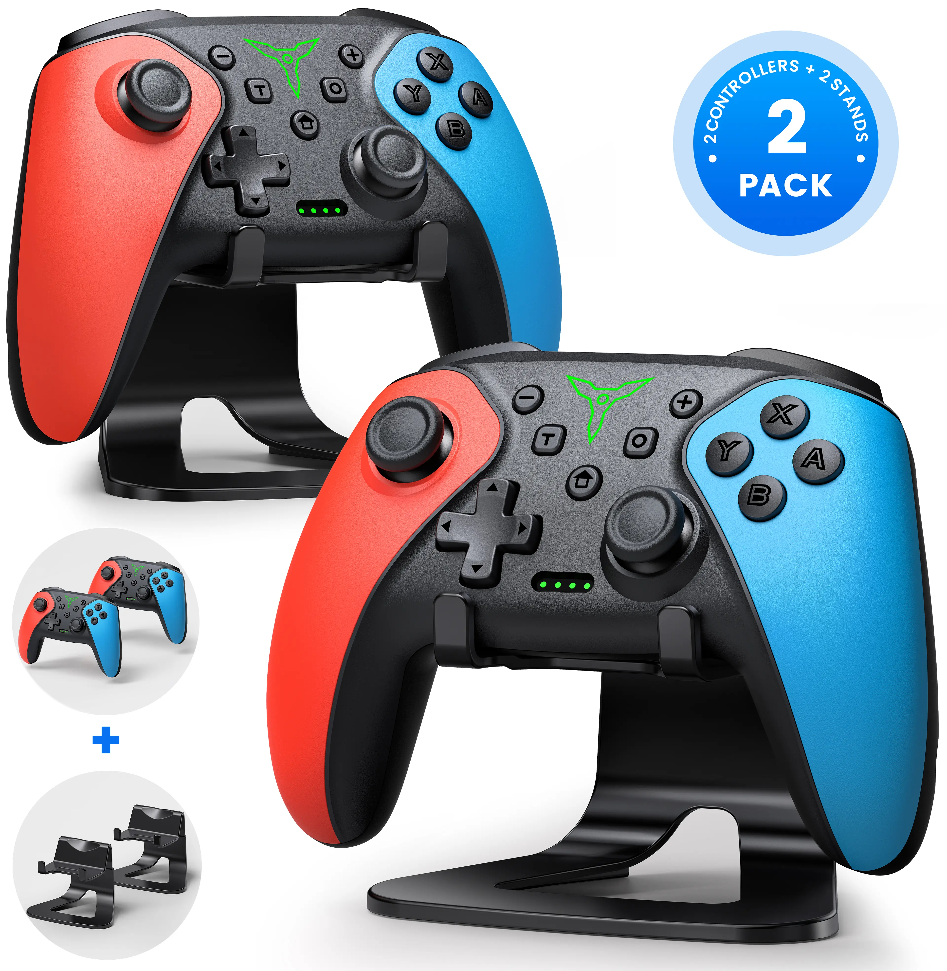 ESYWEN 1000mAh Wireless Pro Controller for Switch 2/Switch/OLED/PC/iOS/Android - 6-Axis Gyro, Dual Vibration, Turbo, Macro Back Buttons, USB-C, 14Hrs Playtime, 2-Pack with Stands