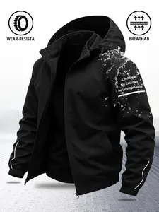 Men's Motivational Hooded Long Sleeve Jacket, Waterproof Jackets, Waterproof Windproof Outerwear, Menswear, All-Season Waterproof Windproof Breathable, Arm English Slogan, Hidden Zipper, Casual Commute Outdoor Camping Coat