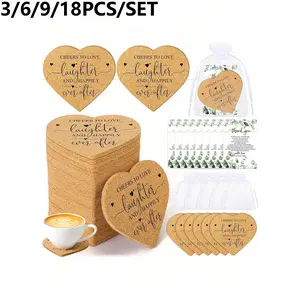 Wedding Gift Set, Cork Coasters, Coasters For Drinks, Heart-Shaped Wooden Coasters, Heat-Resistant Non-Slip, Includes Thank You Card and Organza Bag