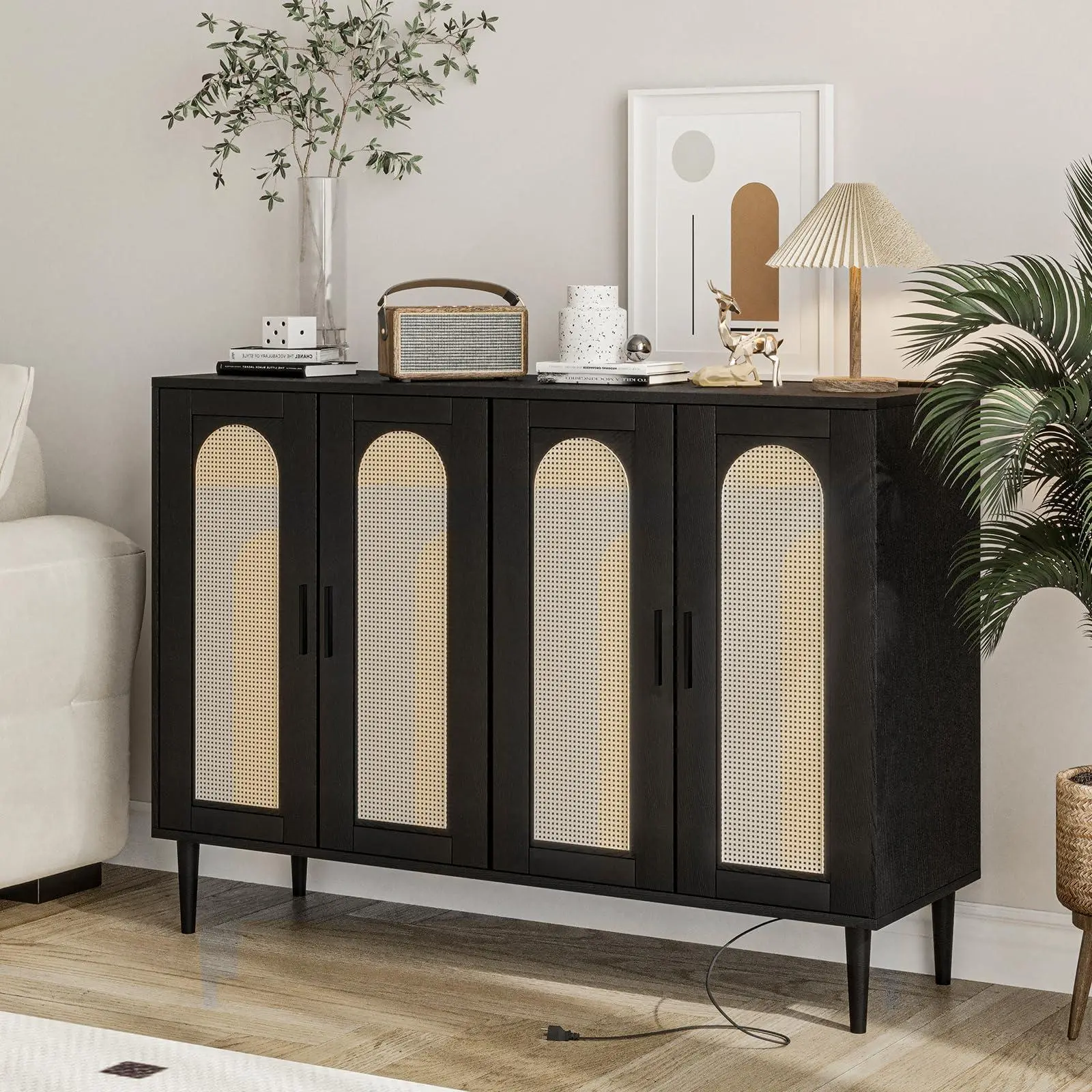 Black Rattan 4-Door Boho Sideboard Buffet Cabinet with Power Outlet, Adjustable Shelf, Rectangular Single Unit for Hallway, Dining Room