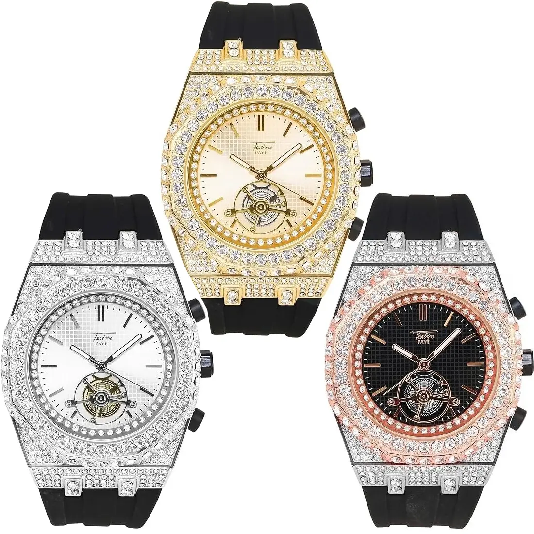 MaxBling81 Men's Modern Wristwatch, Elegant 42mm Iced Octagonal Diamond Accent Dial, Quartz Waterproof with Black Silicone Band, Diamond Wrist Watch, Modern Fashionable Wristwatch, Quartz Waterproof Watch, Buckle, Analog, Brilliant Diamond Accents