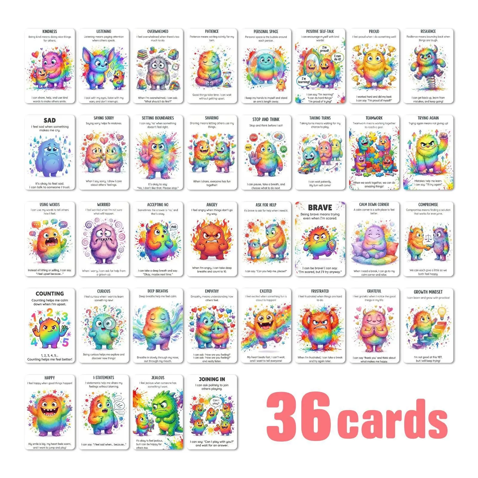 36Pcs Rainbow Monster Social Emotional Learning (SEL) Flashcards for Kids, Interactive Learning, Creative Coping Skills & Emotional Regulation Cards, Activity Cards, Calm Down Corner Supplies