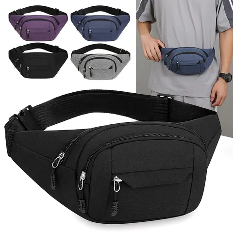 Bitzen Unisex Minimalist Waist Bag Holder - Korean-Style Lightweight Water-Resistant Scratchproof Nylon Zipper Belt Bag, Adjustable Strap, 3-4 Zipper Pockets, Plain Design, 6.7" Phone Zip, 30-55" Fit Range, Laces for Outdoor Sports, Travel