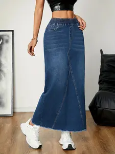 Women's Casual Stretch Mid Rise Long Denim Skirt Women Pull On Mid-Length Streetwear Denim A Line Skirt Womens Elegant Style Elastic Hip Skirt Flowing Beard Splicing A-shaped Long Skirt Womenswear Bottom Palda Basic Fitted Maxi Coat Cotton