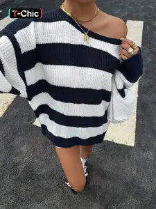 Women's Asymmetric One-Shoulder Sweater with Color Block Stripes and Puff Sleeves, Soft Oversized Knit Pullover, Striped Knitwear for Fall and Winter, Womenswear